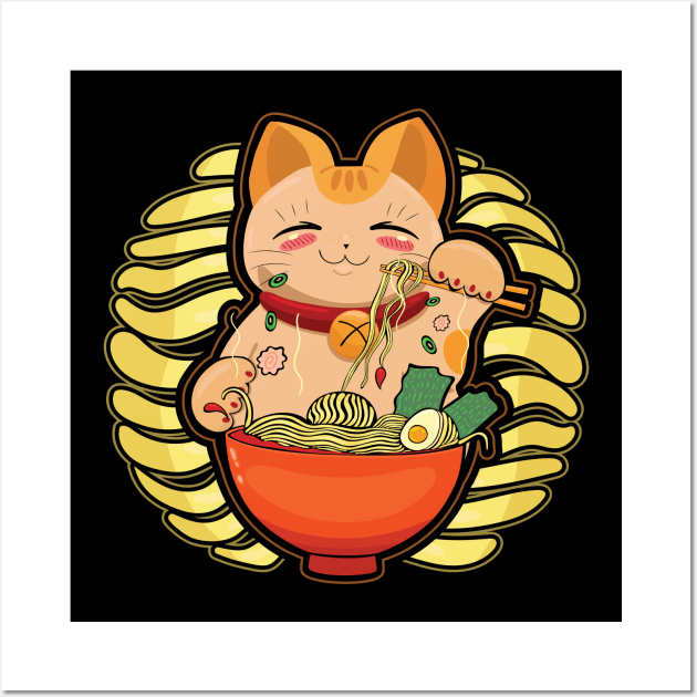 Kawaii Anime Cat Japanese Ramen noodles Wall Art by aneisha